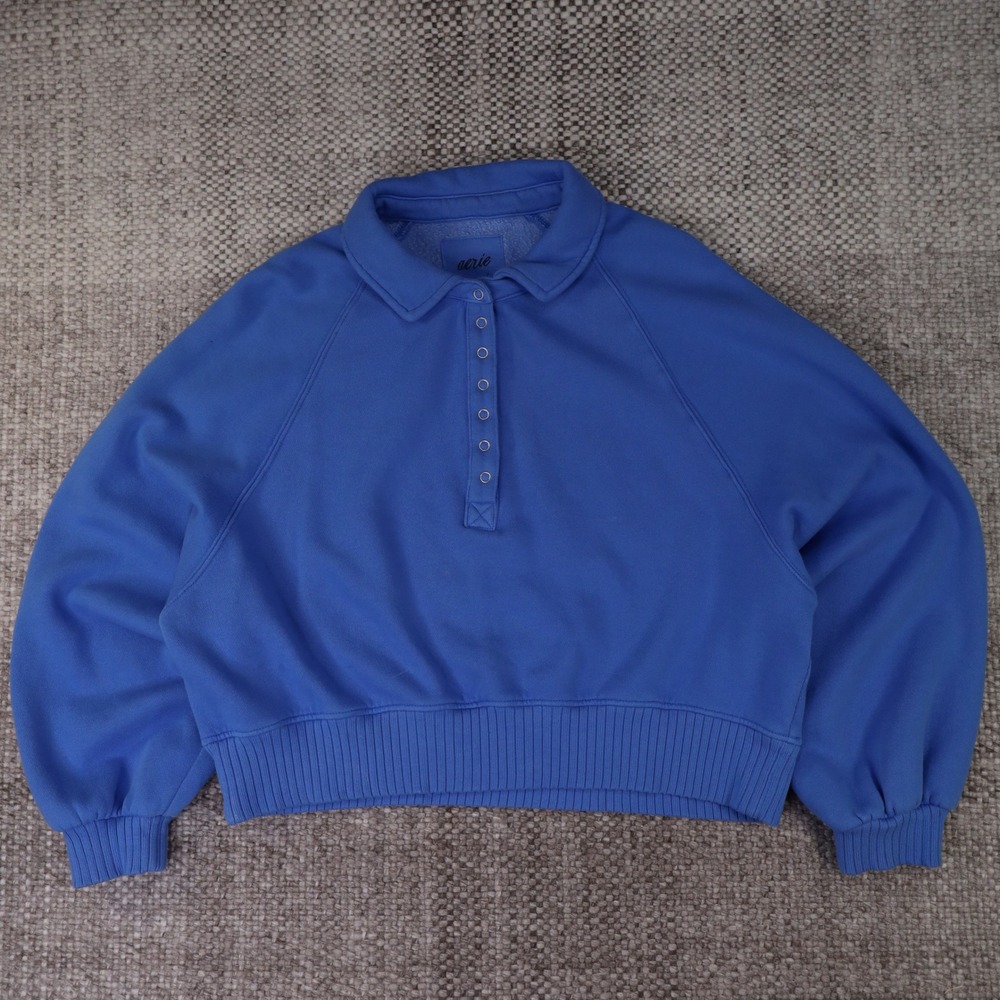 Aerie Blue Cropped Snap Button Henley Polo Fleece Sweatshirt Small